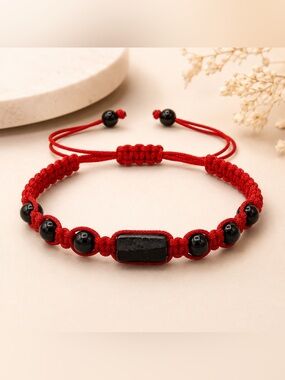 Red Macrame Bracelet with Black Beads - Women's Jewelry